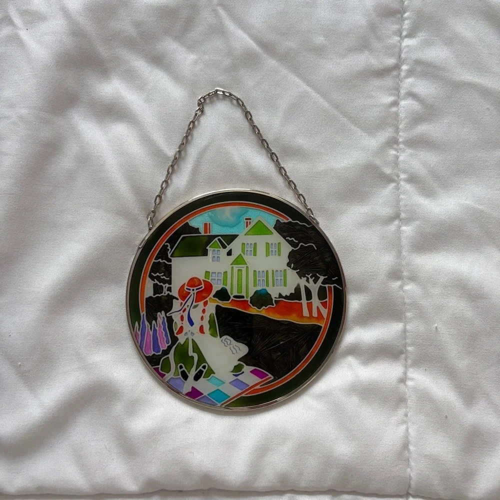 Vintage Stained Glass Suncatcher Farmhouse Girl in Red Hat Window Hanging 5.5